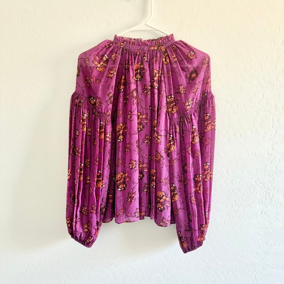 Ulla‎ Johnson Magenta Constance Floral Silk Blouse Long Sleeve Purple Size 4 - Picture 3 of 6